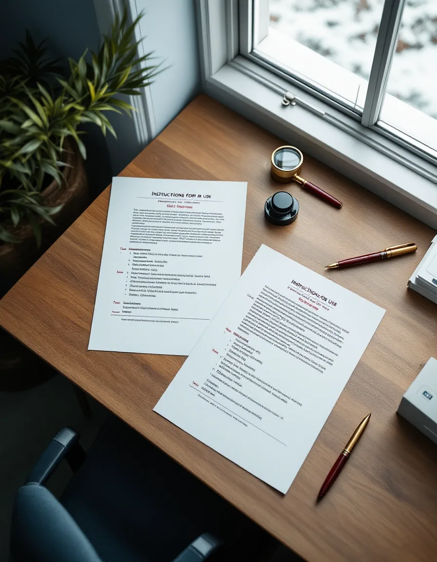 Two printed proofs of a device instructions page, English beside Vietnamese, marked in oxblood ink with a loupe and pen on a desk by a window.