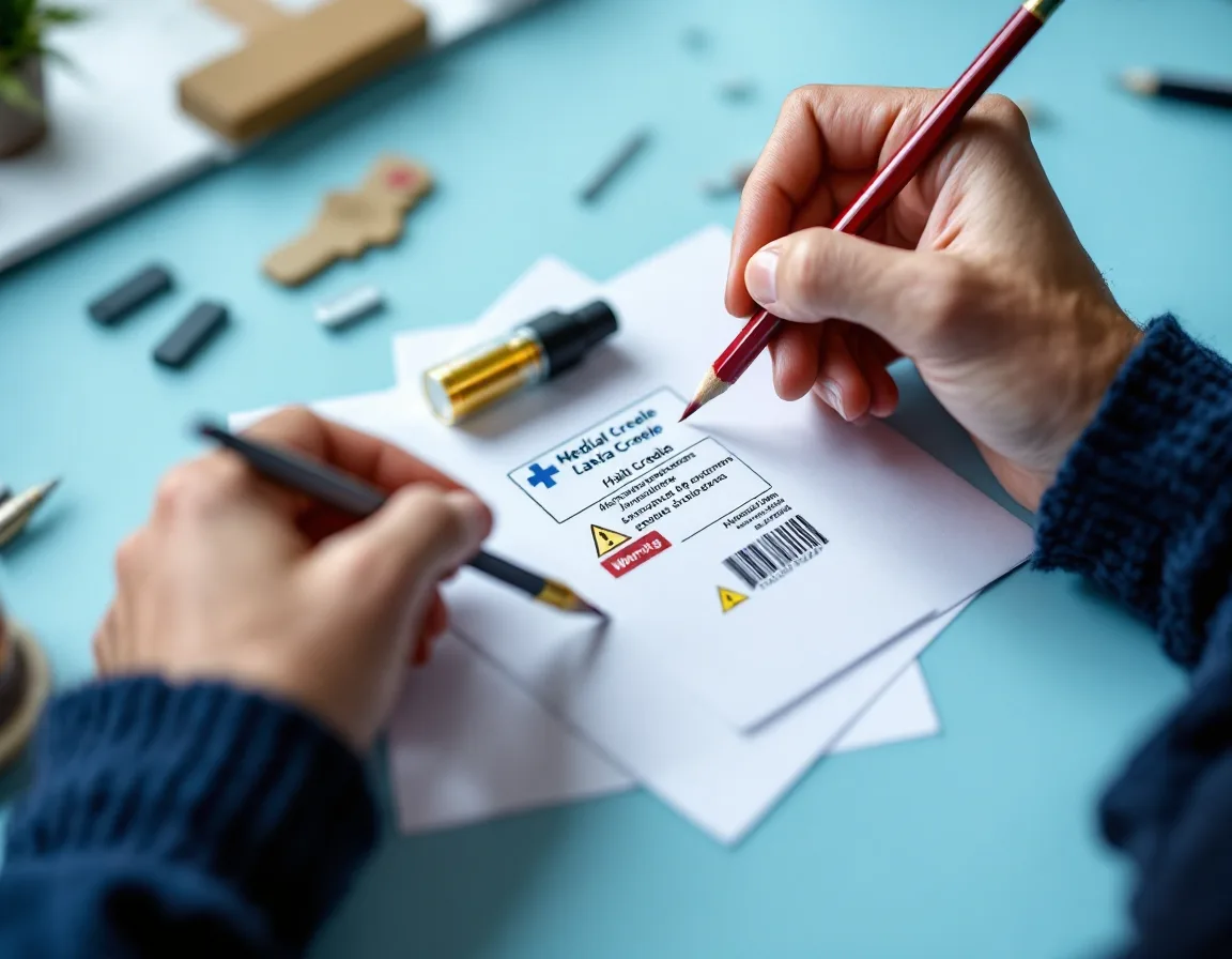 A reviewer’s hands marking a printed carton-label proof with a red pencil, a loupe resting over a warning caption.