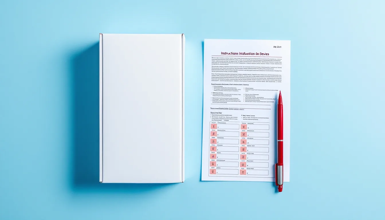 A device carton, a folded multilingual instructions-for-use leaflet and a sheet of labels on a pale blue backdrop, with an oxblood proofreading pen and margin marks.